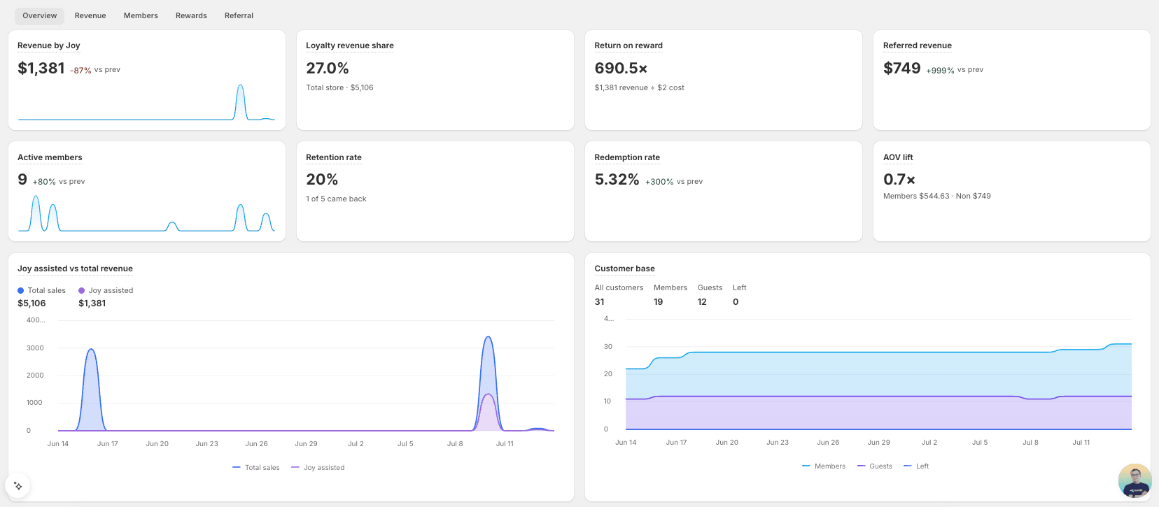 Overview tab showing eight KPI cards, the Joy-assisted revenue chart, and the customer-base chart