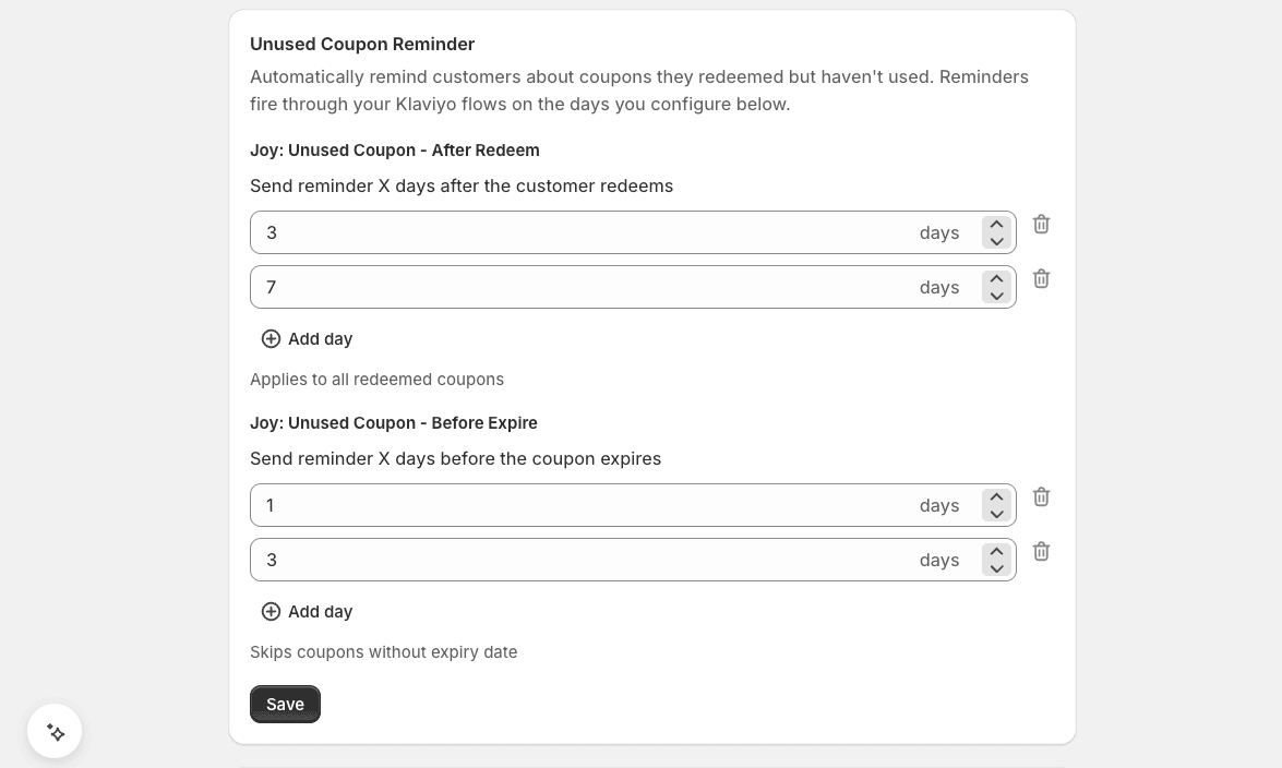 Unused Coupon Reminder setup in Joy's Klaviyo integration